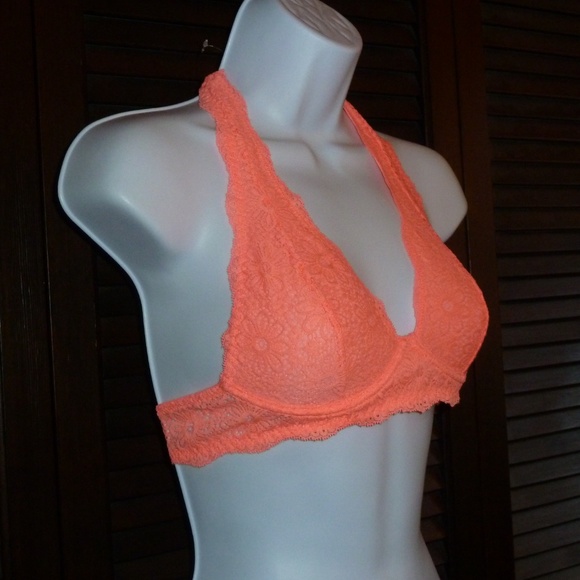 AERIE Peach Coral Orange Halter Bra Bralette, Lace, Underwire Unlined, 34A, New! - Picture 2 of 8